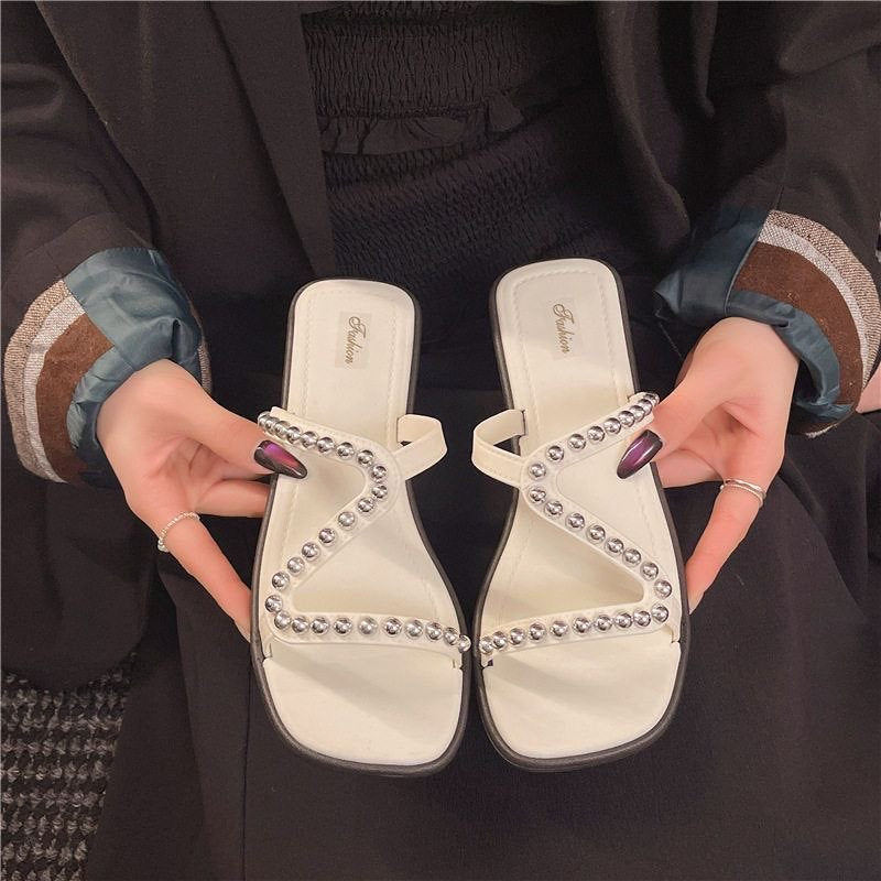 2026 new fashion versatile summer french silver pearl elegant home & outdoor beach sandals for women