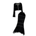 Autumk-styleelegantcontrast colorround neckshortknittingcardiganfishtail skirtcut outcrochetknittingtwo-piece set