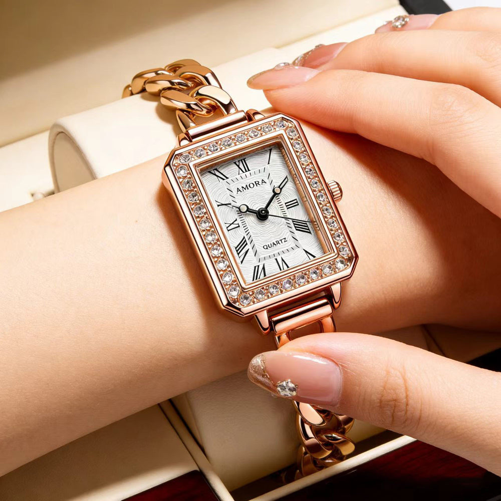 New square diamond-accented quartz watch - elegant, business-ready, and unique bracelet watch for women. a stylish timepiece