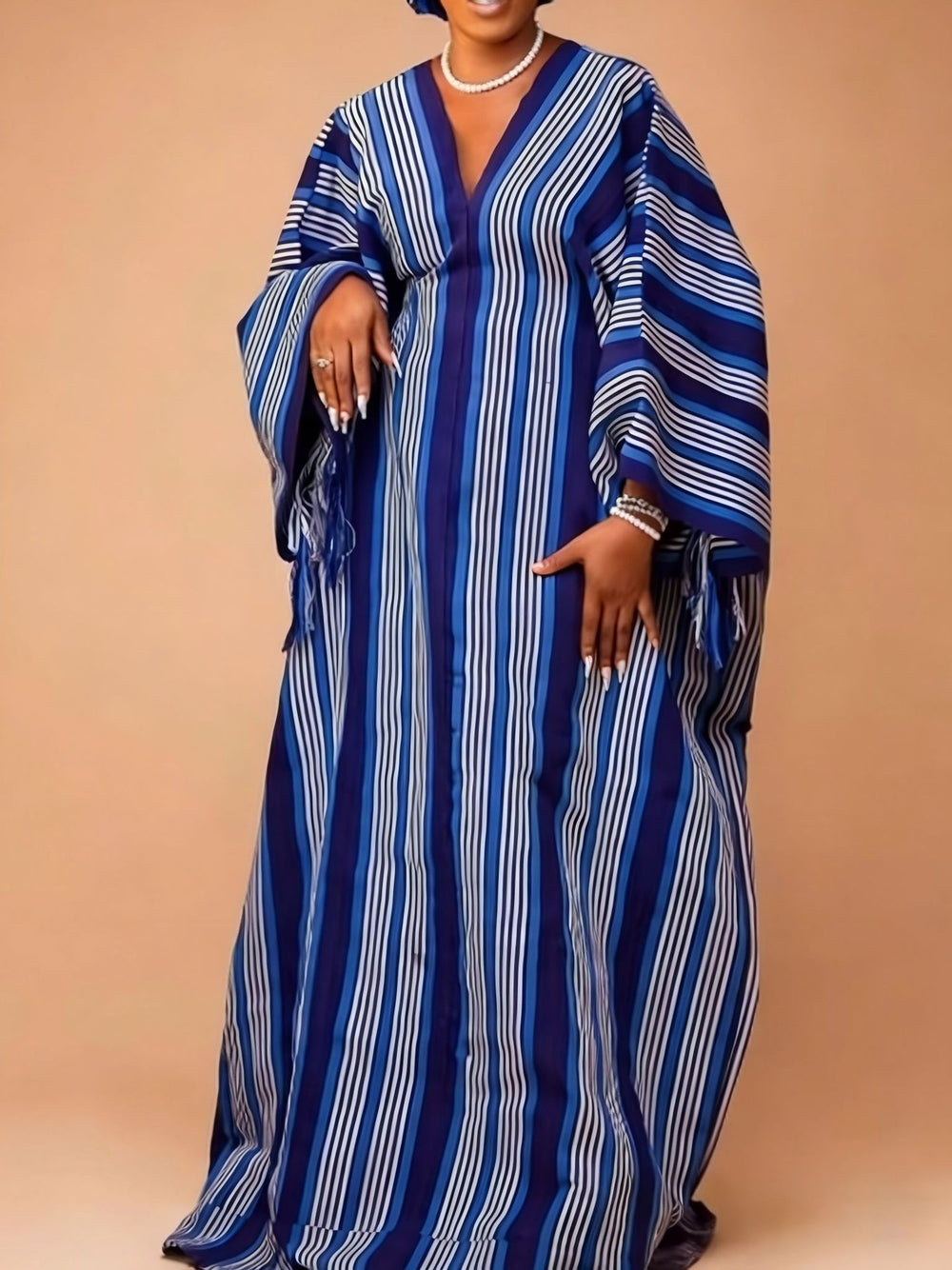 African ethnic striped dress - loose sleeve v-neck drawstring contrast color satin bubu robe dress