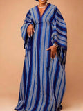 African ethnic striped dress - loose sleeve v-neck drawstring contrast color satin bubu robe dress