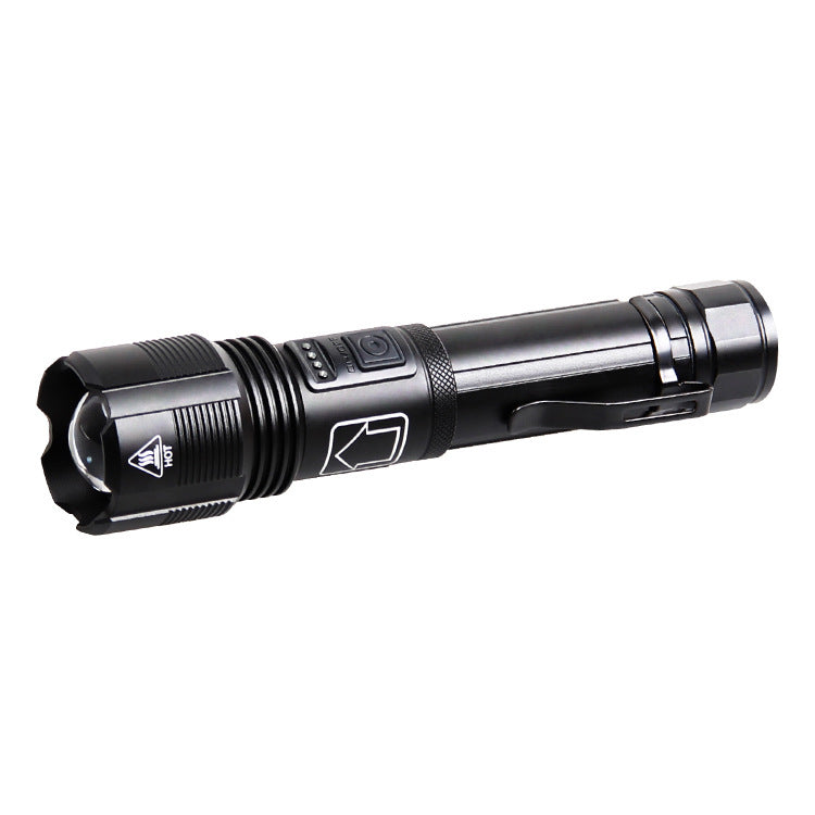 Cross-border new XHP-70 strong light telescopic zoom with pen buckle, power display tybe-c USB charging flashlight