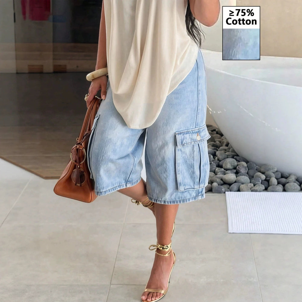 European and american style women's light blue pocket cargo wide-leg cropped jeans - drapey, commute-friendly, vacation-ready, trendy denim