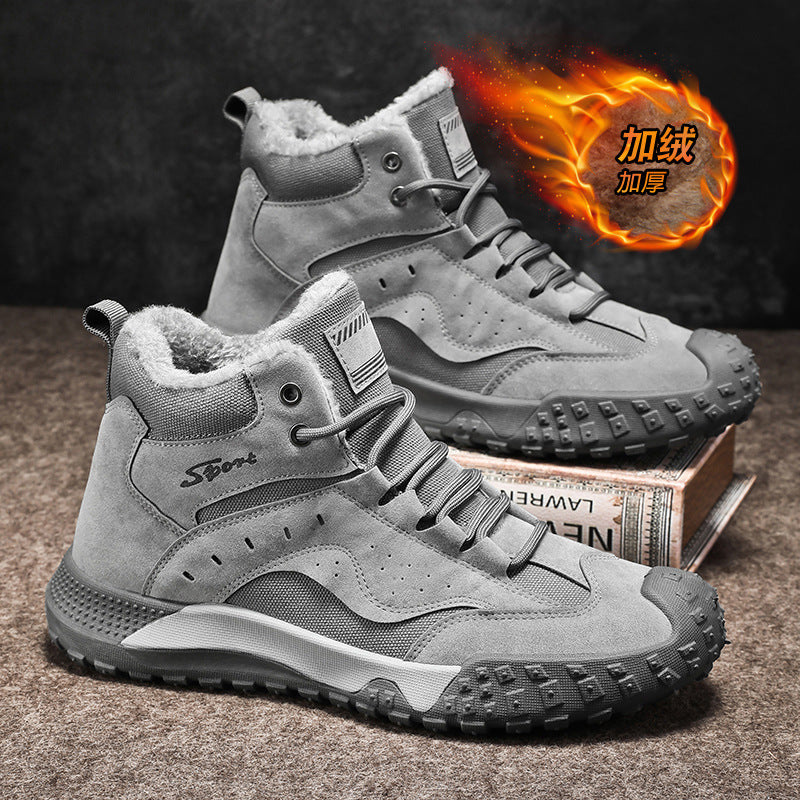 Winter fleece-lined thickened high-top cotton shoes, wear-resistant and anti-smash construction site safety shoes, hot-selling fashionable outdoor trendy work shoes