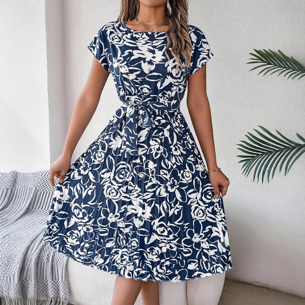 Independent station  women's clothing 2025 spring and summer new  casual short-sleeved floral lace-up dress pleated skirt