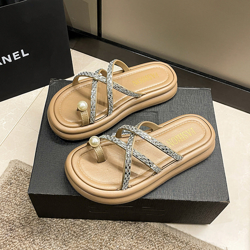 Best selling pearl rhinestone toe slippers women's summer outwear new thick sole wedge heel flip flops roman beach sandals