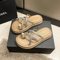 Best selling pearl rhinestone toe slippers women's summer outwear new thick sole wedge heel flip flops roman beach sandals