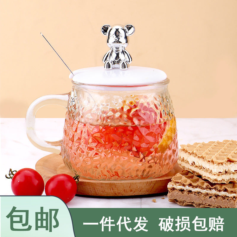 Dropshipping & free shipping: trendy bear glass cup with lid and handle - instagrammable, high-style, cute home water cup