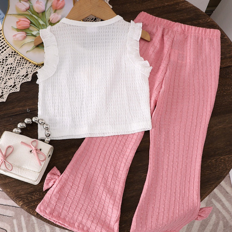 Children's clothing cross-border european and american girls' new strawberry chapter off-white vest + pink trousers set