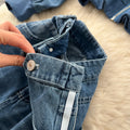 Women's casual fall outfit: loose-fit fashion two-piece set with color-blocked striped long-sleeve denim jacket and high-waisted wide-leg pants