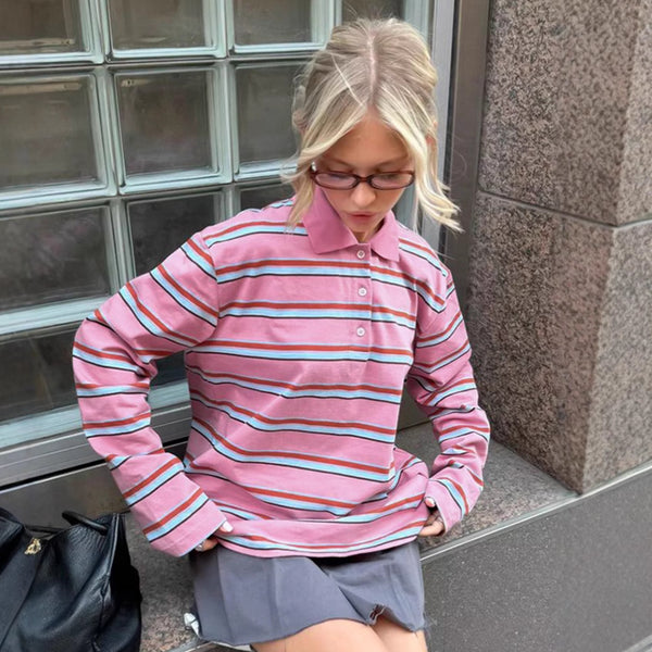 American Sweet and Cool Versatile Striped POLO Shirt 2025 Spring Cross-border Design Loose Lapel Long Sleeve Top Women's Clothing