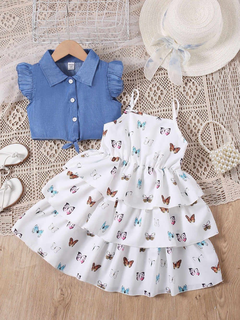 exclusive supply of youxiaofei sleeve denim vest + suspender dress cake skirt girlsuittwo-piece set