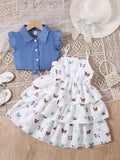 exclusive supply of youxiaofei sleeve denim vest + suspender dress cake skirt girlsuittwo-piece set
