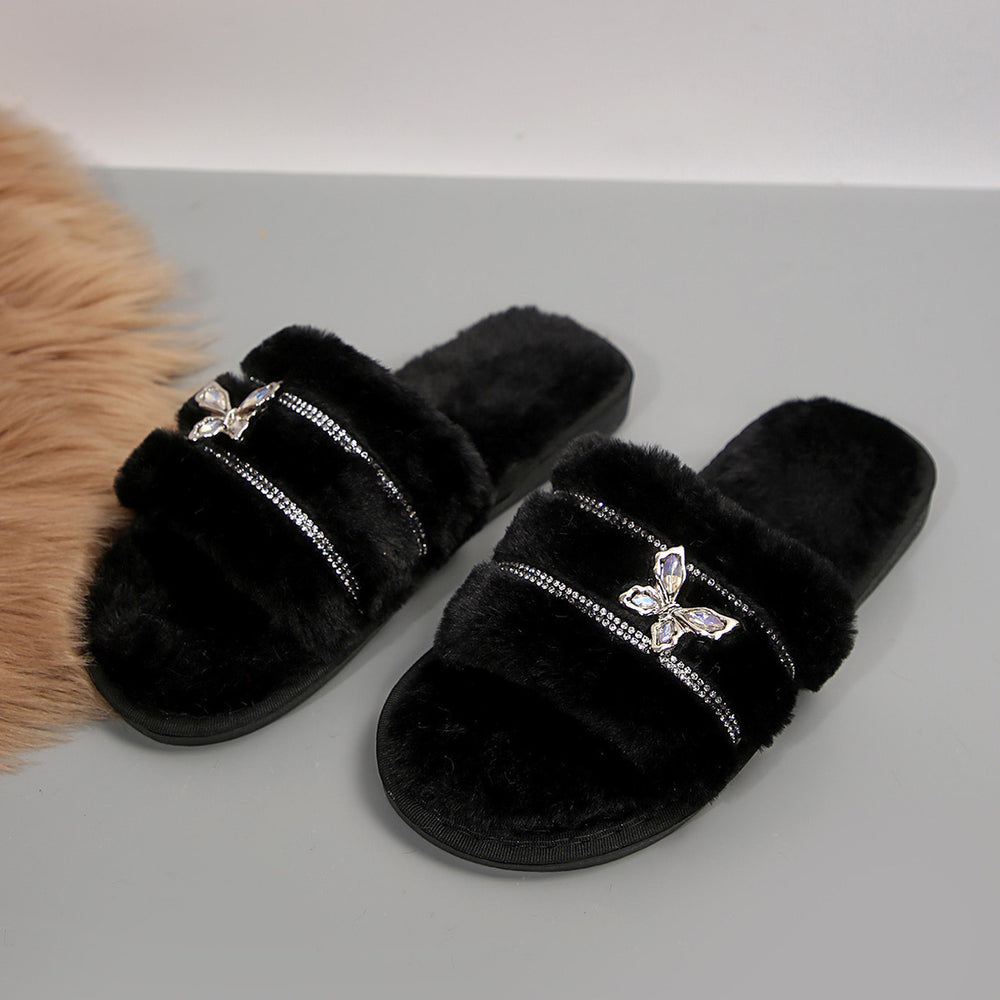 Rhinestone butterfly cotton slippers women's autumn winter new indoor and outdoor home plush warm slippers women's slippers