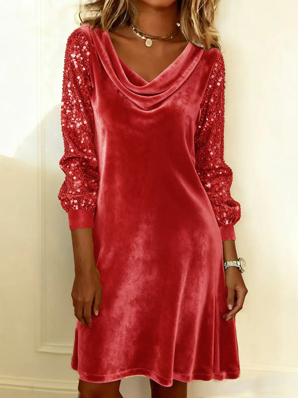new european and american  cross-border women's velvet sequin patchwork long sleeve fashionable sexy elegant dress