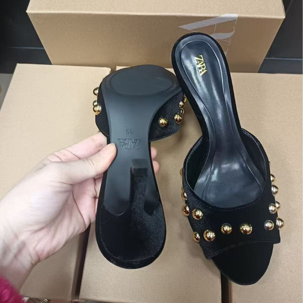 Black suede studded backless slip-on stiletto sandals - 2025 summer new arrival - low-cut outerwear mules