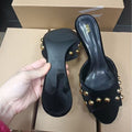 Black suede studded backless slip-on stiletto sandals - 2025 summer new arrival - low-cut outerwear mules