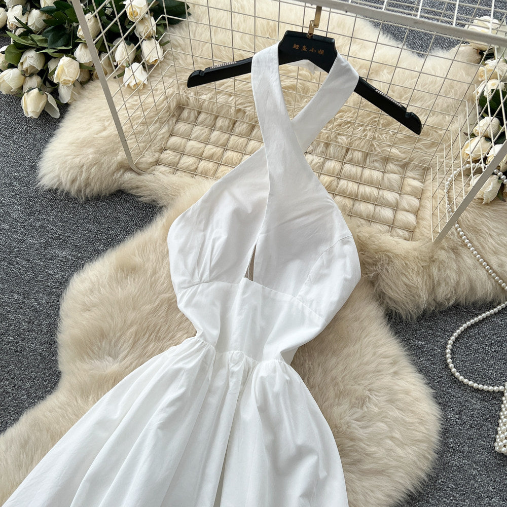 French riviera style white lace trim halter dress - high waist a-line maxi dress for a chic and alluring look