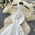 French riviera style white lace trim halter dress - high waist a-line maxi dress for a chic and alluring look