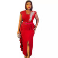 Special offer: african women's slim-fit slit pencil dress with rhinestone and ruffle detail - fashionable sleeveless two-piece look