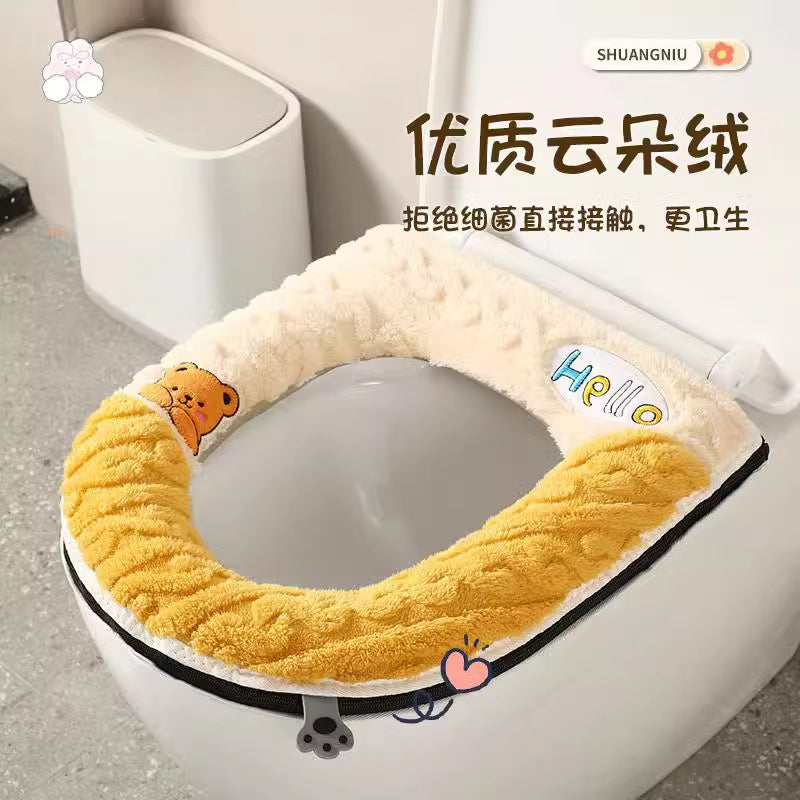 Toilet mat winterfor homewintercute cushion washablefall and winterthickened zipper toilet cover toilet mat