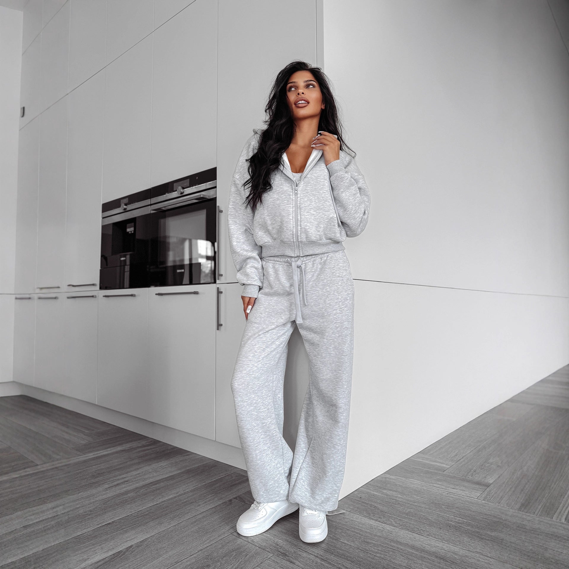 European and American  sports suit long-sleeved zipper cardigan hooded sweater lace-up trousers two-piece set