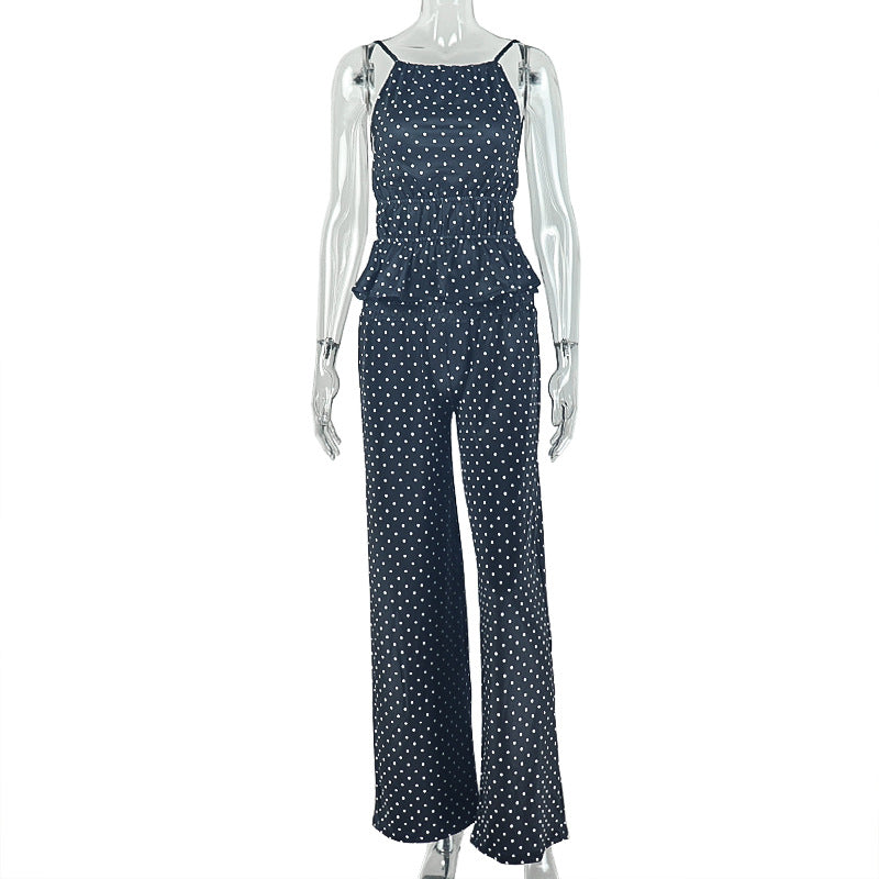 European and american style cross-border polka dot loose women's backless mid-waist pants suit one-line collar summer sports trendy two-piece set