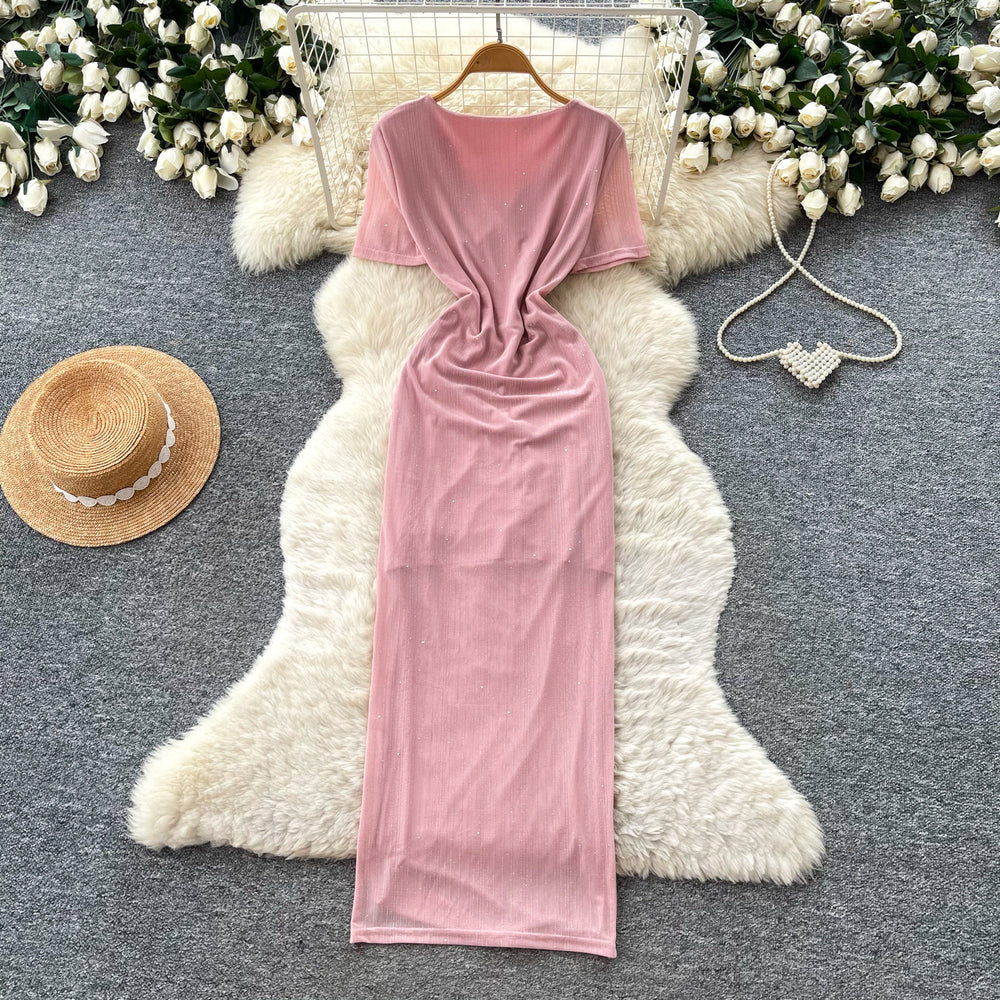 Elegant v-neck tie-waist short-sleeve dress - women's summer korean style slim fit slit maxi dress