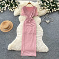 Elegant v-neck tie-waist short-sleeve dress - women's summer korean style slim fit slit maxi dress