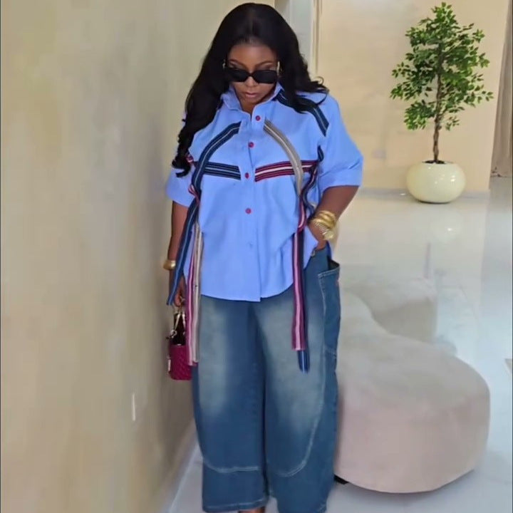 European and american cross-border women's fashion:  summer new arrivals - stylish, irregular collar, loose fit, plus size blouse