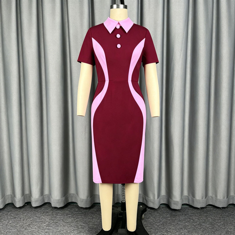 Summer slimming high-waisted short-sleeve dress - color block patchwork, turn-down collar, slim fit, casual style dresses