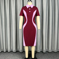 Summer slimming high-waisted short-sleeve dress - color block patchwork, turn-down collar, slim fit, casual style dresses