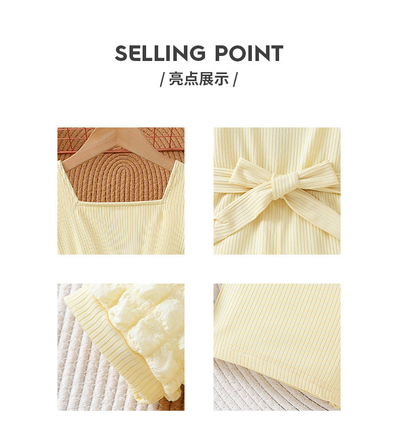 Summer girls' outfit for export: yellow bubble sleeve romper with shorts and belted ribbed knit pants set