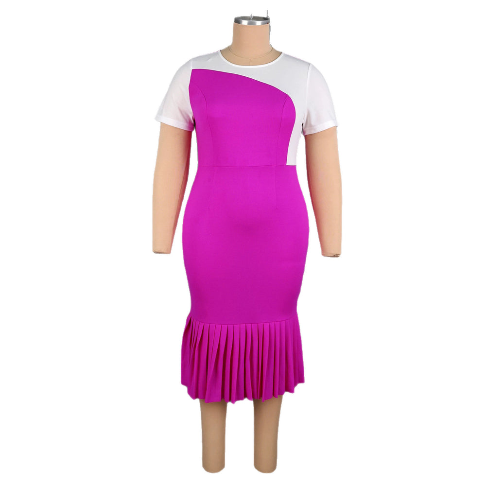 Trendy new slimming high-waisted short-sleeve dress - rose red color block, cinched waist belt, fishtail skirt dresses