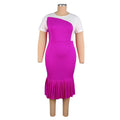 Trendy new slimming high-waisted short-sleeve dress - rose red color block, cinched waist belt, fishtail skirt dresses