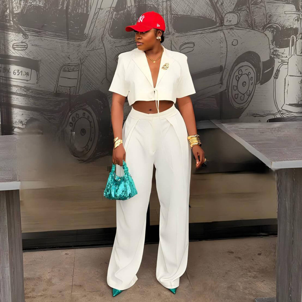 European and american cross-border women's fashion:  summer new arrival - stylish lapel tie-front short sleeve blouse and wide-leg suit pants set