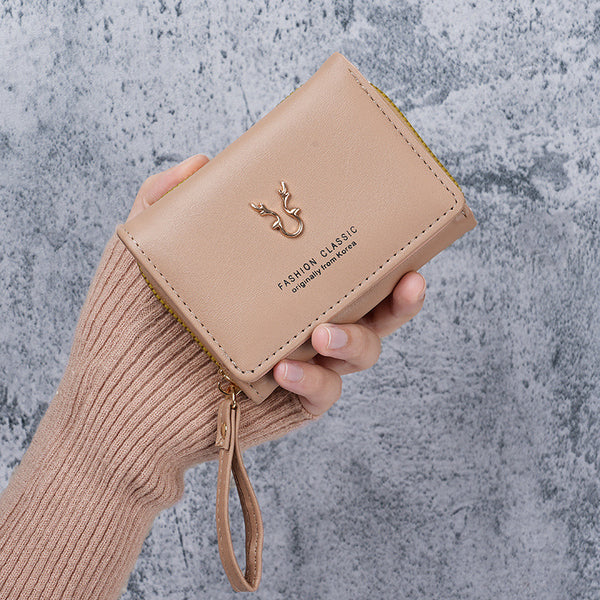 New women's wallet PU leather short antler wallet mini zipper change bag cartoon three-fold buckle card bag