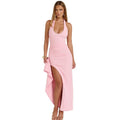 European and american cross-border women's fashion:  summer new arrivals - stylish solid color halter neck slit tie-back backless bodycon dress