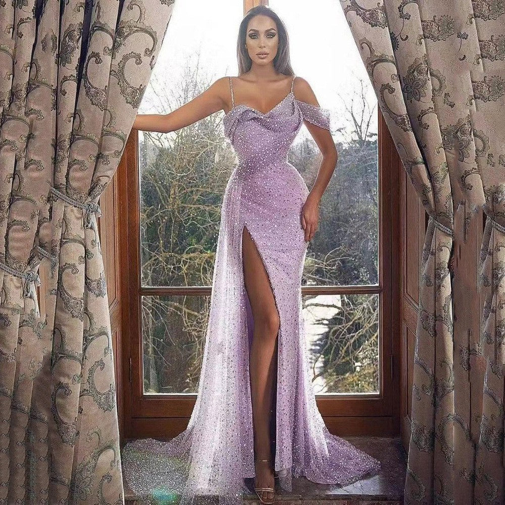 2025 new cross-border european and american style amazon dresses: spaghetti strap maxi dresses with slits, sequins, and asymmetrical hem evening gowns