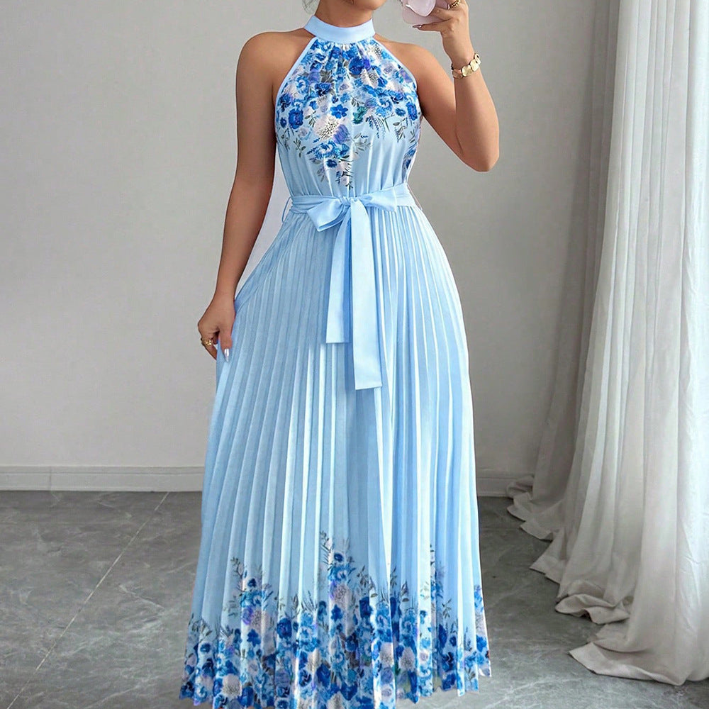 European and american cross-border women's summer  elegant halter neck tie waist floral print pleated maxi swing dress