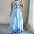 European and american cross-border women's summer  elegant halter neck tie waist floral print pleated maxi swing dress