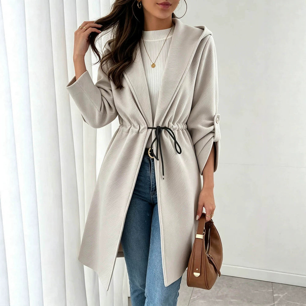 gentle wind hooded mid-long outwear drawstring waist lapel three-quarter rolled sleeves pure color texture