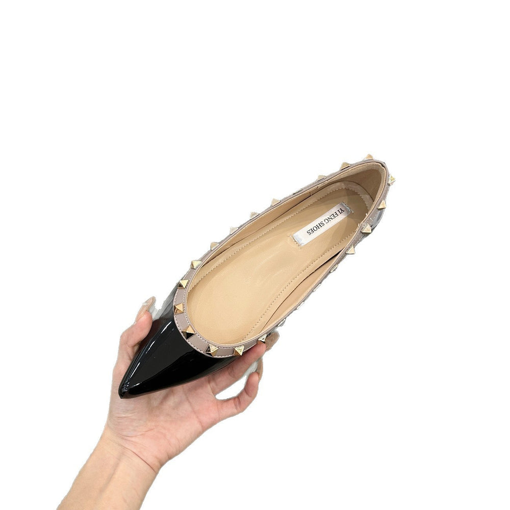 Women's single shoes: new spring/autumn 2025 pointed-toe studded hidden heel french patent leather fashionable versatile low-cut high heels