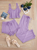 cross-border hot seller: new summer lace trim cami top, shorts, and long-sleeve women's pajama three-piece set - perfect for loungewear or light outings