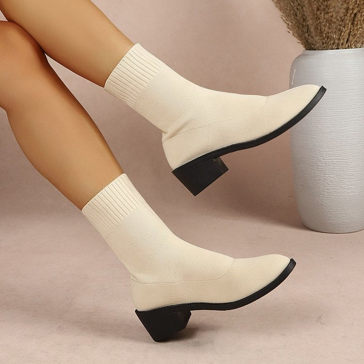 Export women's shoes  fashionknittingspring & fall single boots pointed thick heel women's flats thin boots women's mid-heeled short boots