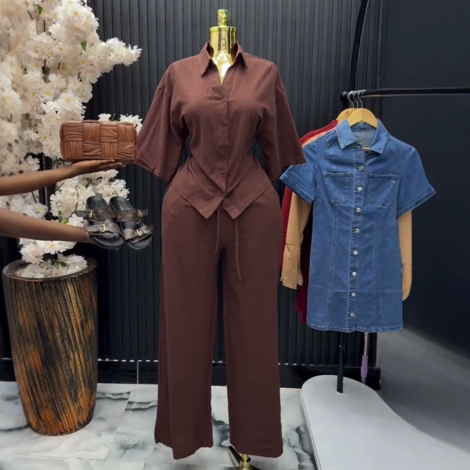 European and american cross-border women's clothing  summer new arrival: elegant casual turn-down collar solid color short sleeve shirt and high-waisted pants set