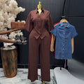 European and american cross-border women's clothing  summer new arrival: elegant casual turn-down collar solid color short sleeve shirt and high-waisted pants set