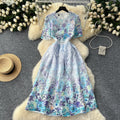 Frenchclassy sense cut out water-soluble laceprintingdress women's slimming look elegant round neck short-sleeved mid-length skirt