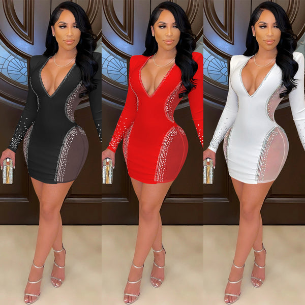 X5337 European and American fashion new product wish  sexy deep V nightclub party dress hot diamond perspective skirt