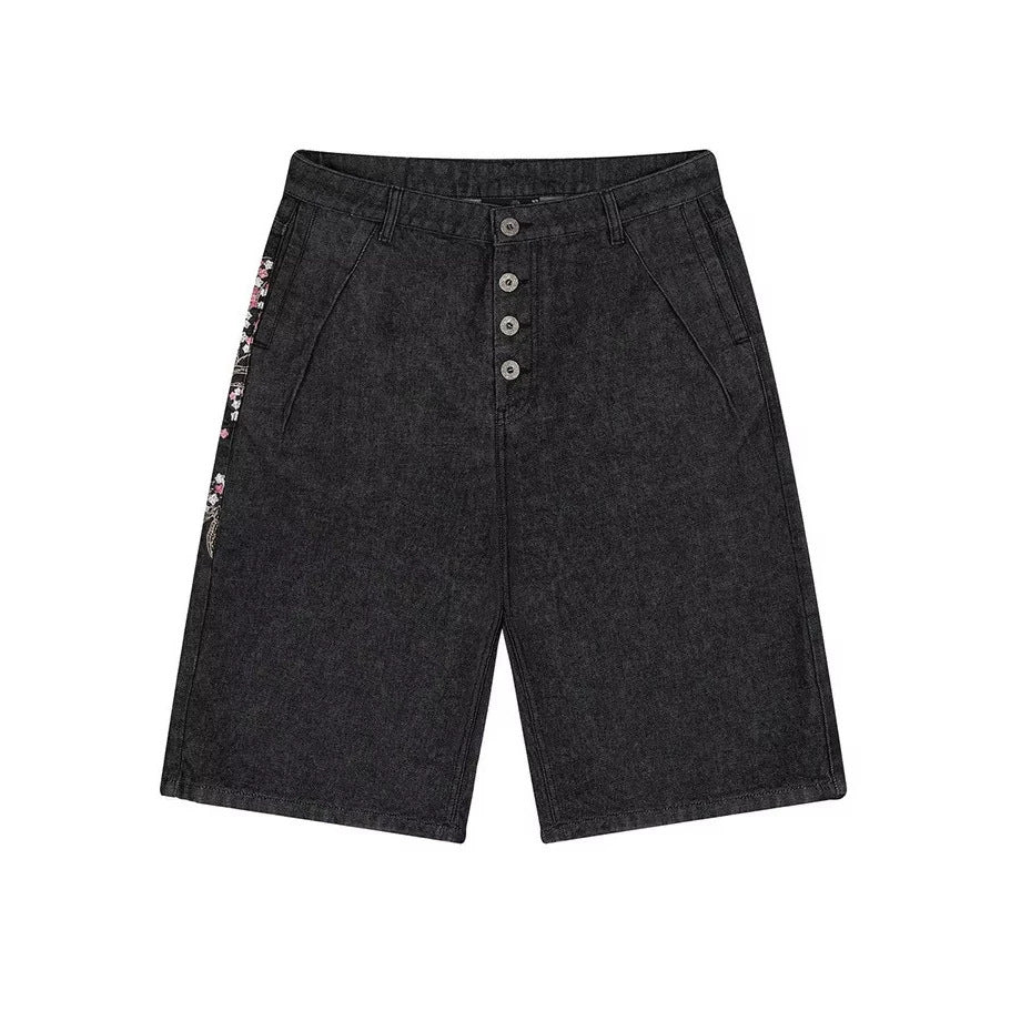 black washed jeans women's volleyball button straight-leg pants casualeasiest for match back pocket embroidered half length pants